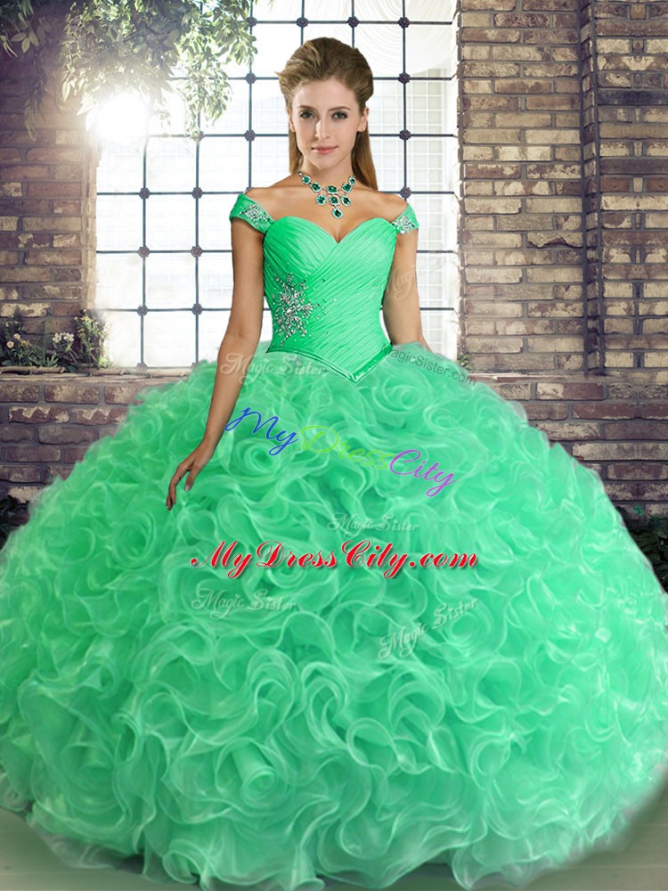Off The Shoulder Sleeveless Sweet 16 Quinceanera Dress Floor Length Beading Turquoise Fabric With Rolling Flowers