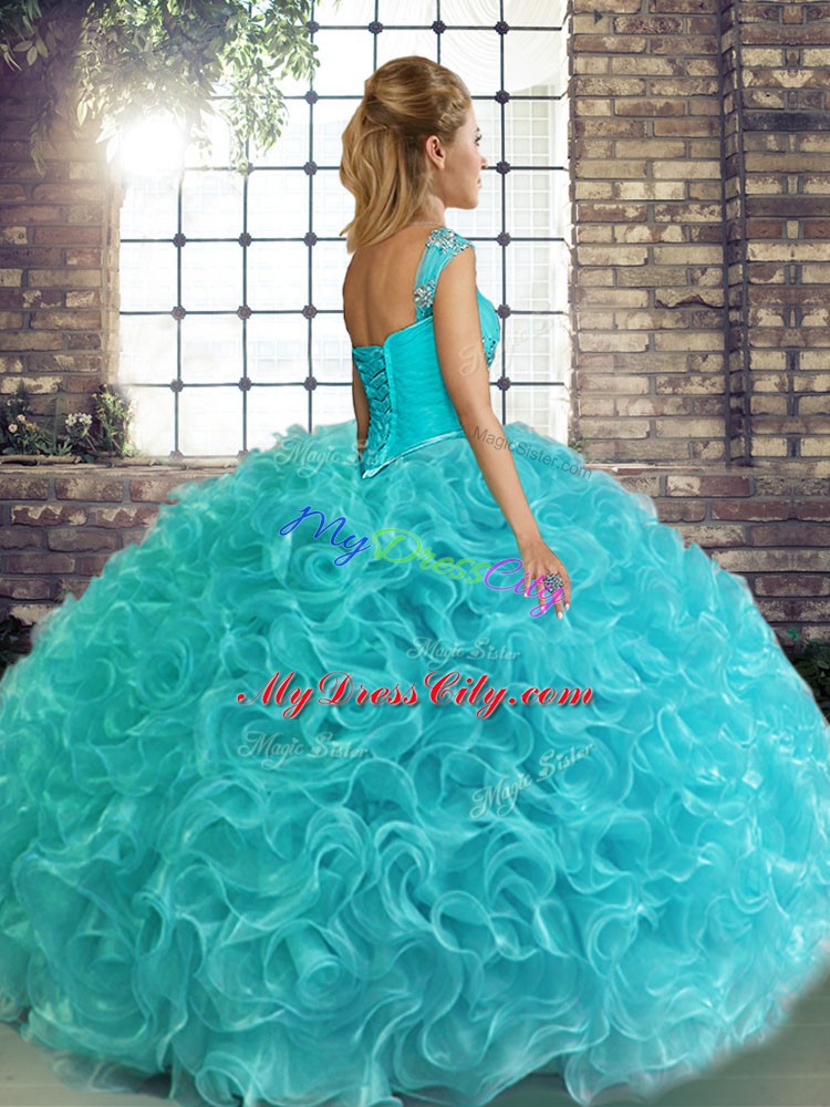 Off The Shoulder Sleeveless Sweet 16 Quinceanera Dress Floor Length Beading Turquoise Fabric With Rolling Flowers