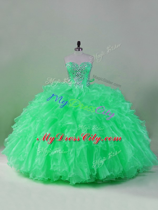 Vintage Green Sweetheart Lace Up Beading and Ruffles Quinceanera Gown Sleeveless