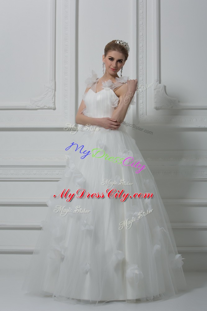 Attractive White Tulle Lace Up Wedding Dresses Sleeveless Floor Length Hand Made Flower