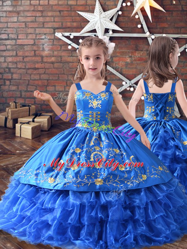 Stunning Straps Sleeveless Lace Up Child Pageant Dress Royal Blue Satin and Organza