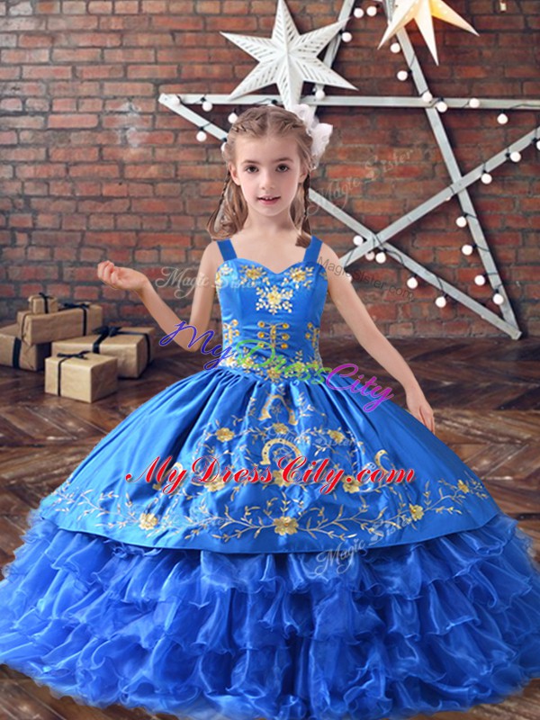 Stunning Straps Sleeveless Lace Up Child Pageant Dress Royal Blue Satin and Organza