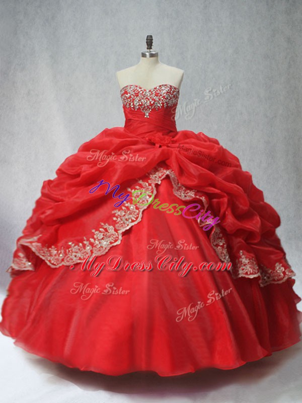 Red Lace Up Sweetheart Appliques and Pick Ups Sweet 16 Dresses Organza Sleeveless