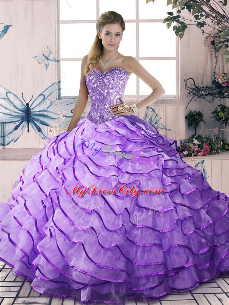 Super Lavender Sweetheart Lace Up Beading and Ruffled Layers Vestidos de Quinceanera Sleeveless