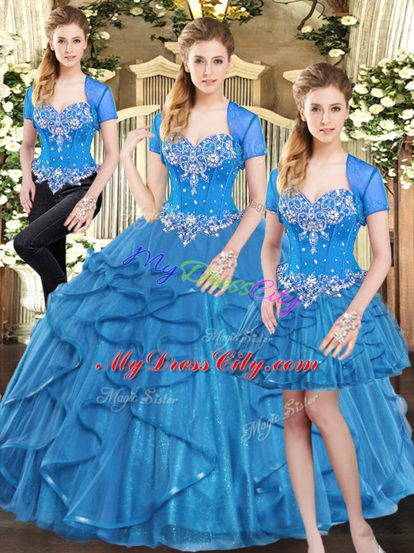 Customized Blue Sweetheart Lace Up Beading and Ruffles 15 Quinceanera Dress Sleeveless