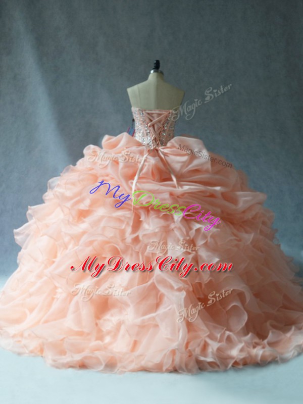 Attractive Peach Strapless Neckline Beading and Ruffles 15th Birthday Dress Sleeveless Lace Up