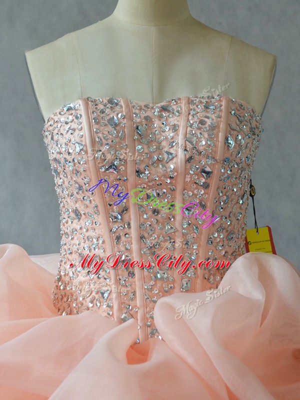 Attractive Peach Strapless Neckline Beading and Ruffles 15th Birthday Dress Sleeveless Lace Up