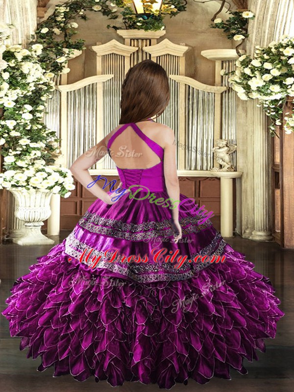 Floor Length Lace Up Kids Pageant Dress Hot Pink and Fuchsia for Party and Wedding Party with Appliques and Ruffles