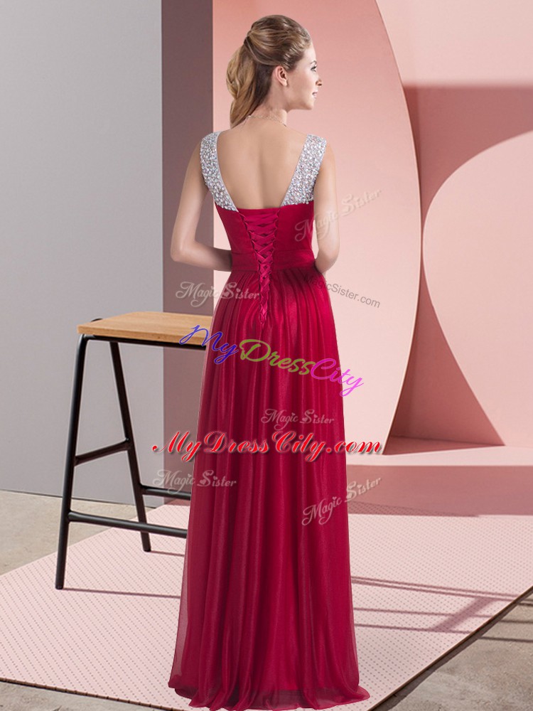 Inexpensive Floor Length Lace Up Bridesmaids Dress Fuchsia for Wedding Party with Beading