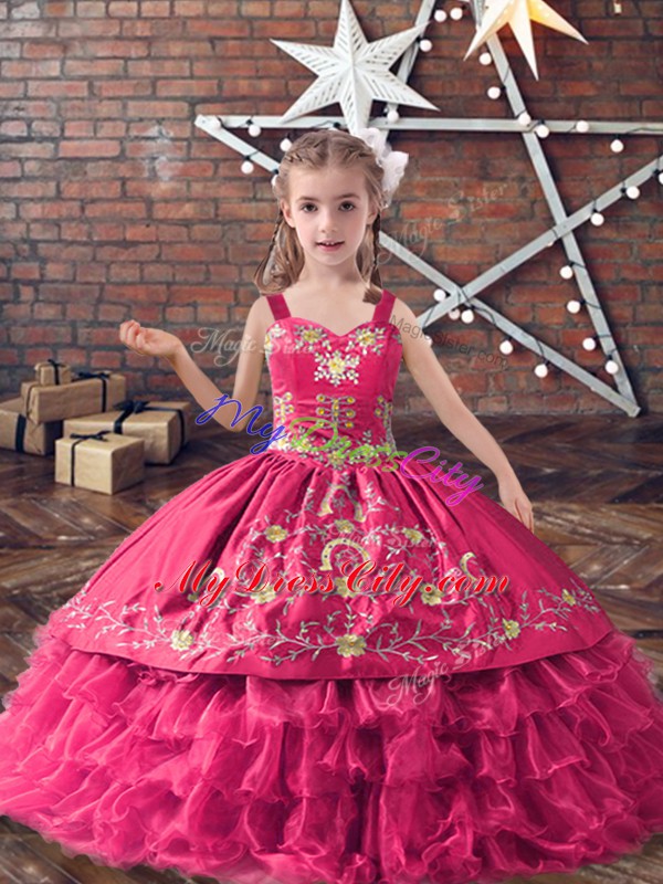 New Arrival Straps Sleeveless Kids Pageant Dress Floor Length Embroidery and Ruffled Layers Hot Pink Satin and Organza
