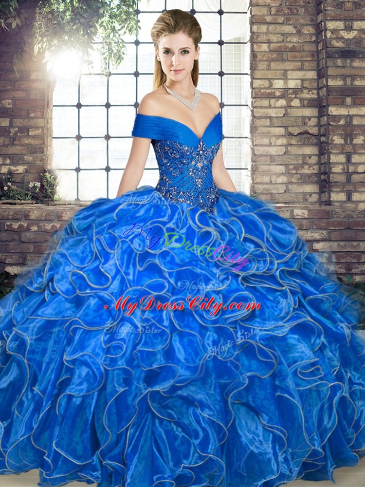 Off The Shoulder Sleeveless Organza 15 Quinceanera Dress Beading and Ruffles Lace Up