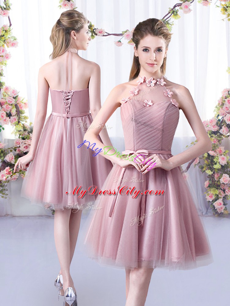 Belt Bridesmaid Gown Pink Lace Up Sleeveless Knee Length