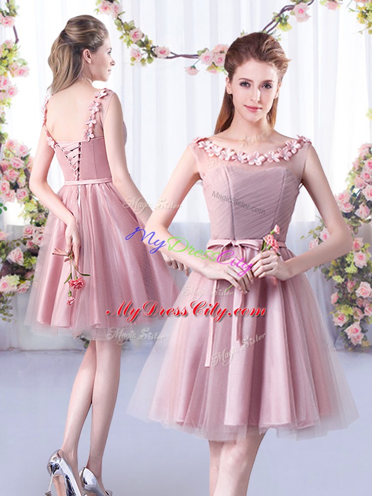 Belt Bridesmaid Gown Pink Lace Up Sleeveless Knee Length