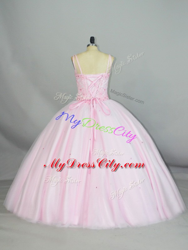 Baby Pink Tulle Lace Up Straps Sleeveless Floor Length Quinceanera Dress Beading and Lace