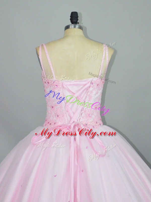 Baby Pink Tulle Lace Up Straps Sleeveless Floor Length Quinceanera Dress Beading and Lace