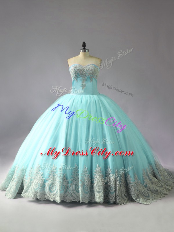 Stylish Sweetheart Sleeveless Tulle 15 Quinceanera Dress Appliques Court Train Lace Up