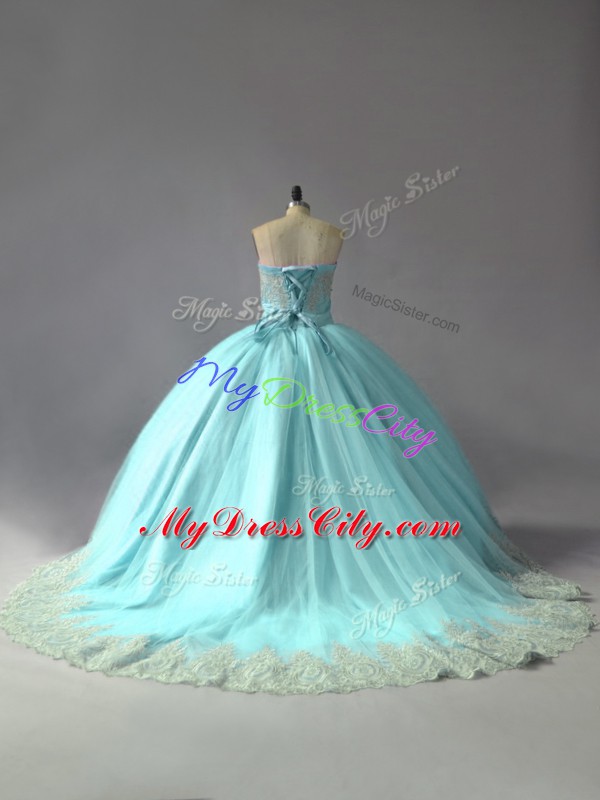 Stylish Sweetheart Sleeveless Tulle 15 Quinceanera Dress Appliques Court Train Lace Up