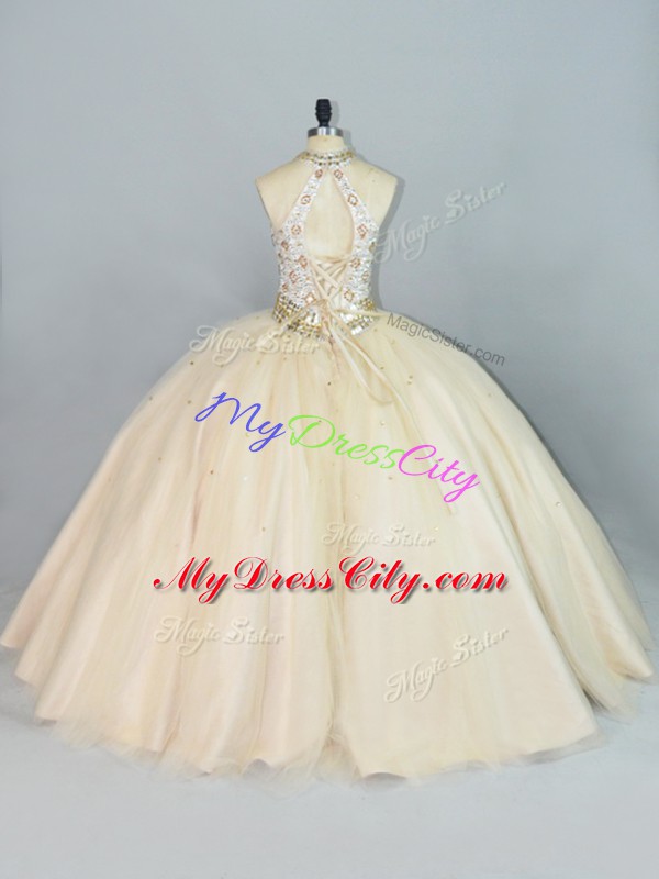 Adorable Halter Top Sleeveless Tulle Quince Ball Gowns Beading Lace Up