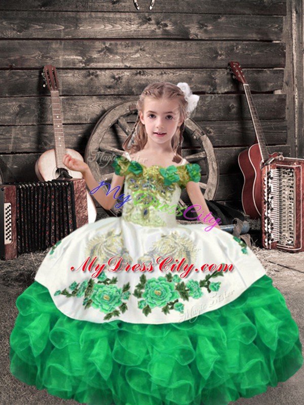 Floor Length Lace Up Kids Formal Wear Green for Wedding Party with Beading and Embroidery and Ruffles