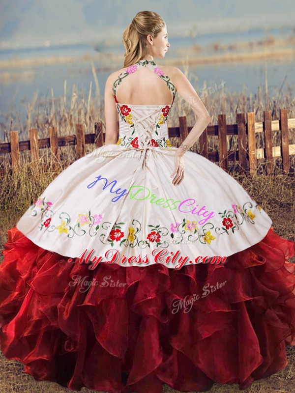 Floor Length Lace Up Quinceanera Gown White And Red for Sweet 16 and Quinceanera with Embroidery and Ruffles