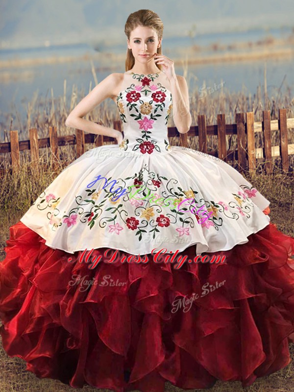 Floor Length Lace Up Quinceanera Gown White And Red for Sweet 16 and Quinceanera with Embroidery and Ruffles