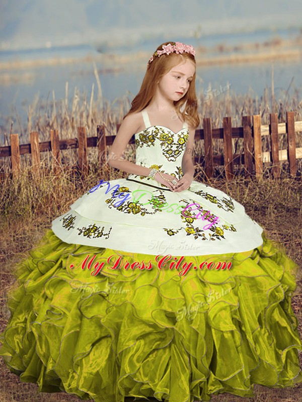 Custom Designed Straps Sleeveless Lace Up Kids Pageant Dress Olive Green Organza