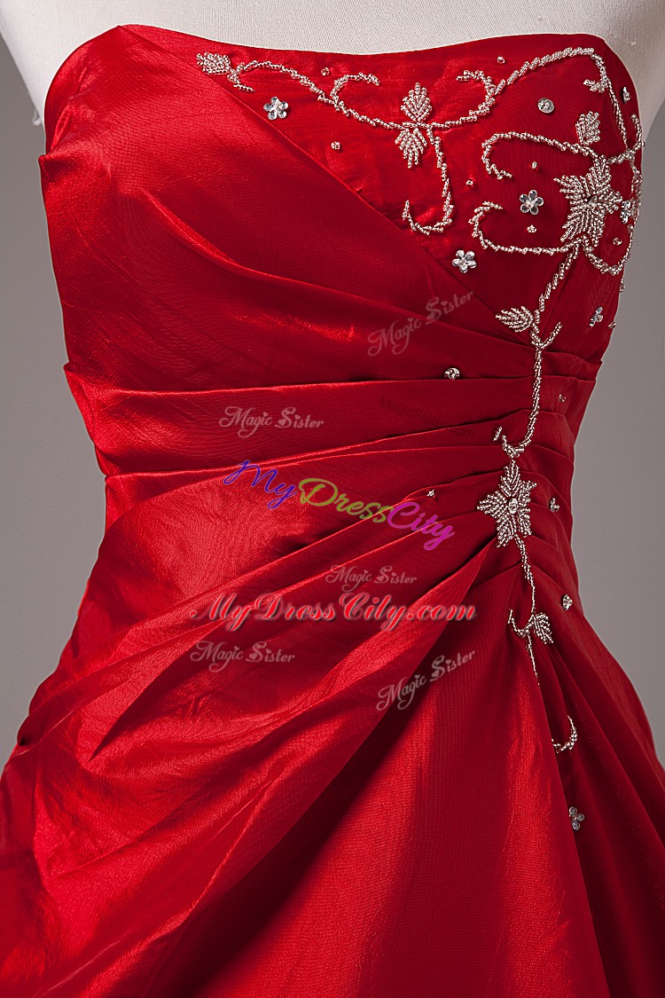 Wine Red Organza Lace Up Strapless Sleeveless Floor Length Sweet 16 Dresses Beading and Embroidery