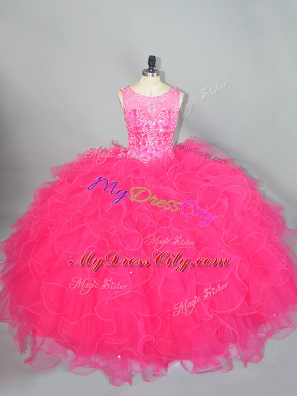 Floor Length Lace Up 15th Birthday Dress Hot Pink for Sweet 16 and Quinceanera with Beading and Ruffles