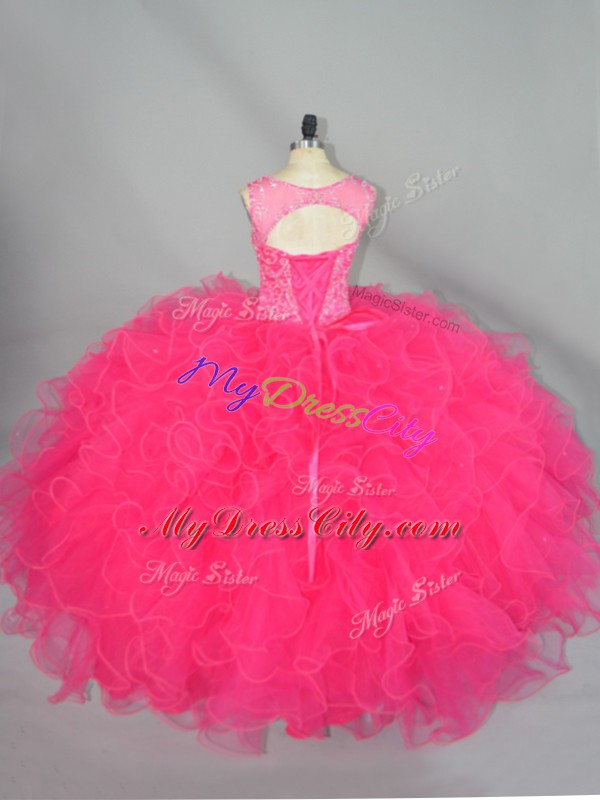 Floor Length Lace Up 15th Birthday Dress Hot Pink for Sweet 16 and Quinceanera with Beading and Ruffles