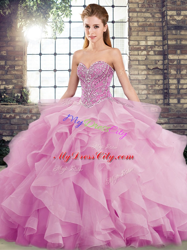 Sexy Lilac Sweetheart Neckline Beading and Ruffles Sweet 16 Quinceanera Dress Sleeveless Lace Up