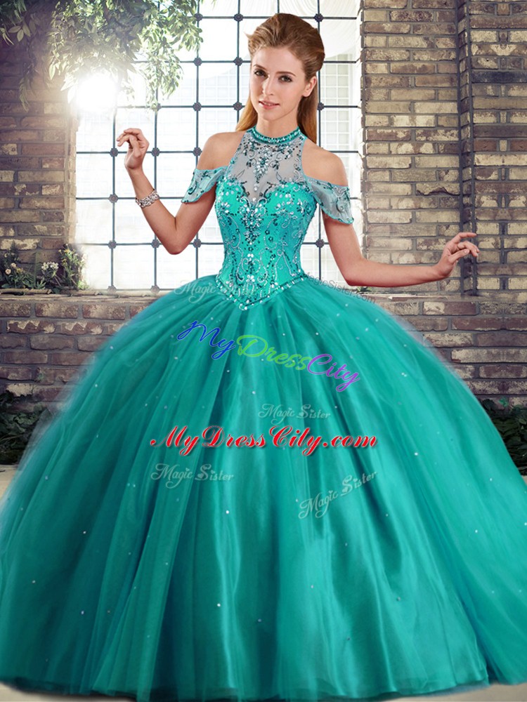 Sumptuous Turquoise Ball Gowns Beading Ball Gown Prom Dress Lace Up Tulle Sleeveless