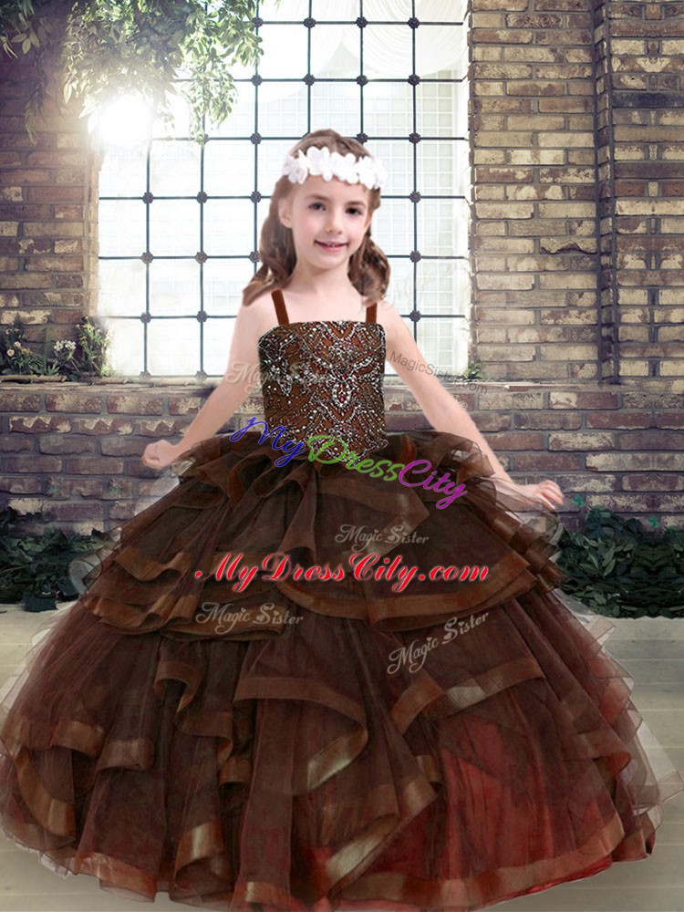 Straps Sleeveless Tulle Little Girls Pageant Gowns Beading and Ruffles Lace Up