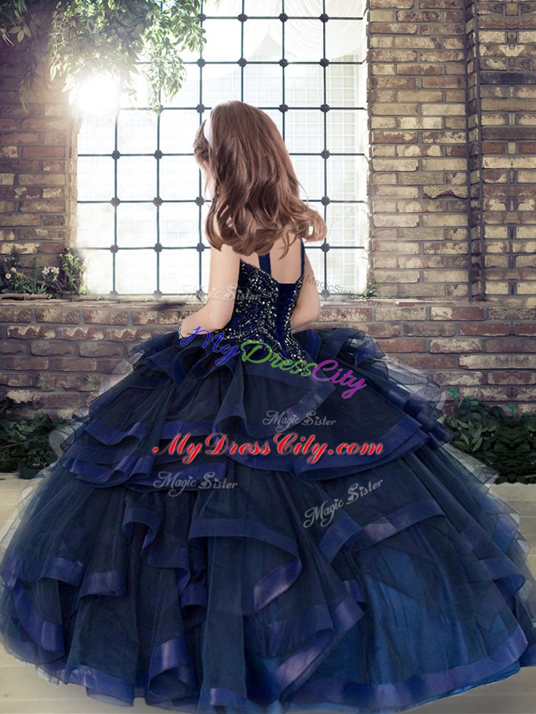 Straps Sleeveless Tulle Little Girls Pageant Gowns Beading and Ruffles Lace Up