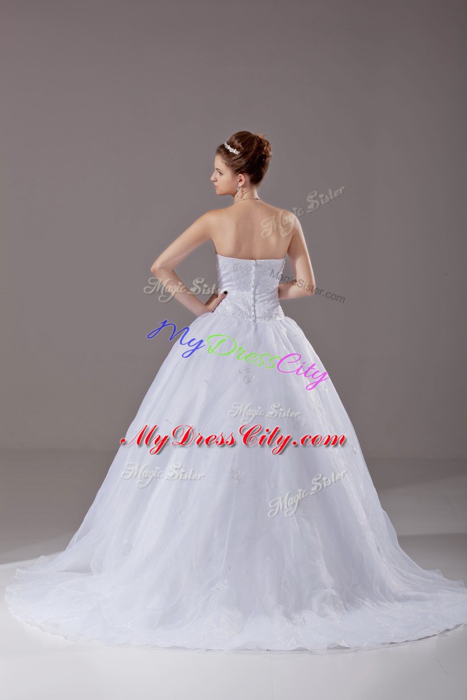 Sleeveless Brush Train Zipper Wedding Gown in White with Beading