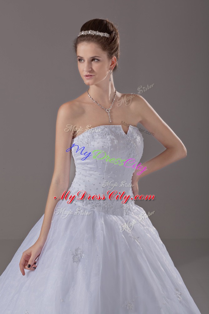 Sleeveless Brush Train Zipper Wedding Gown in White with Beading