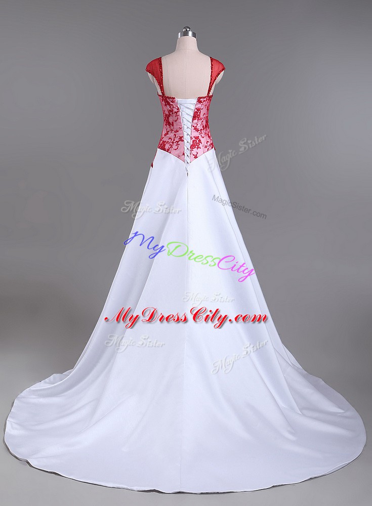 White And Red Strapless Lace Up Lace and Appliques Prom Evening Gown Court Train Cap Sleeves