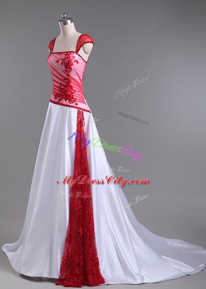 White And Red Strapless Lace Up Lace and Appliques Prom Evening Gown Court Train Cap Sleeves