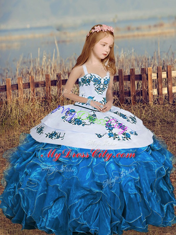 Floor Length Blue Little Girl Pageant Dress Straps Sleeveless