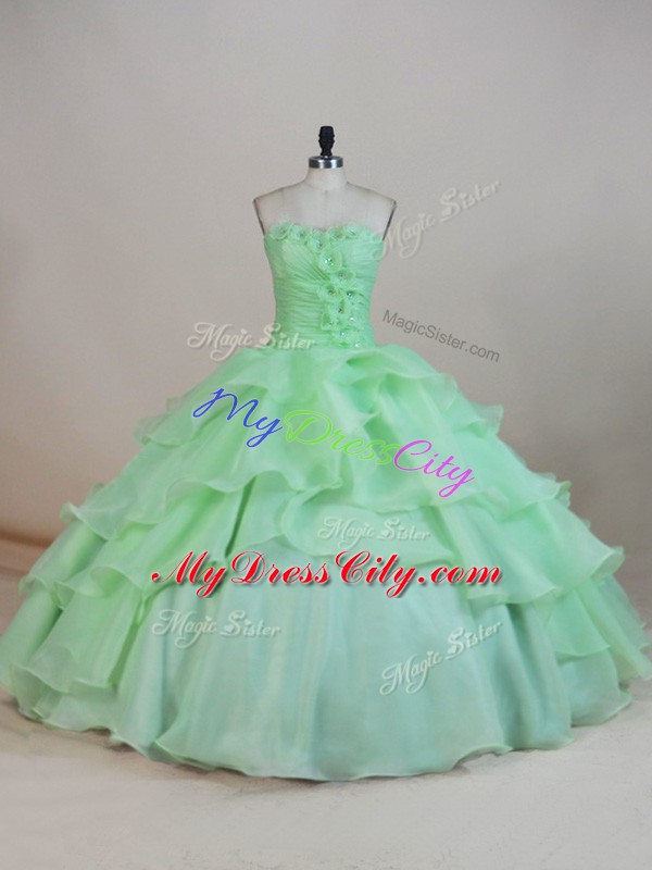 Hot Selling Floor Length Apple Green Quinceanera Gowns Organza Sleeveless Ruffled Layers and Ruching and Hand Made Flower