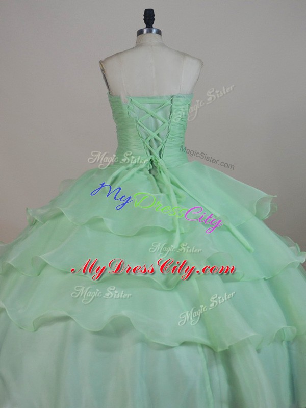 Hot Selling Floor Length Apple Green Quinceanera Gowns Organza Sleeveless Ruffled Layers and Ruching and Hand Made Flower