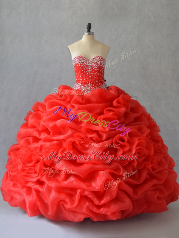 Dramatic Red Sleeveless Floor Length Pick Ups and Hand Made Flower Lace Up Sweet 16 Quinceanera Dress