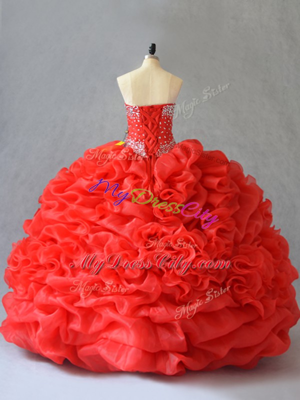 Dramatic Red Sleeveless Floor Length Pick Ups and Hand Made Flower Lace Up Sweet 16 Quinceanera Dress