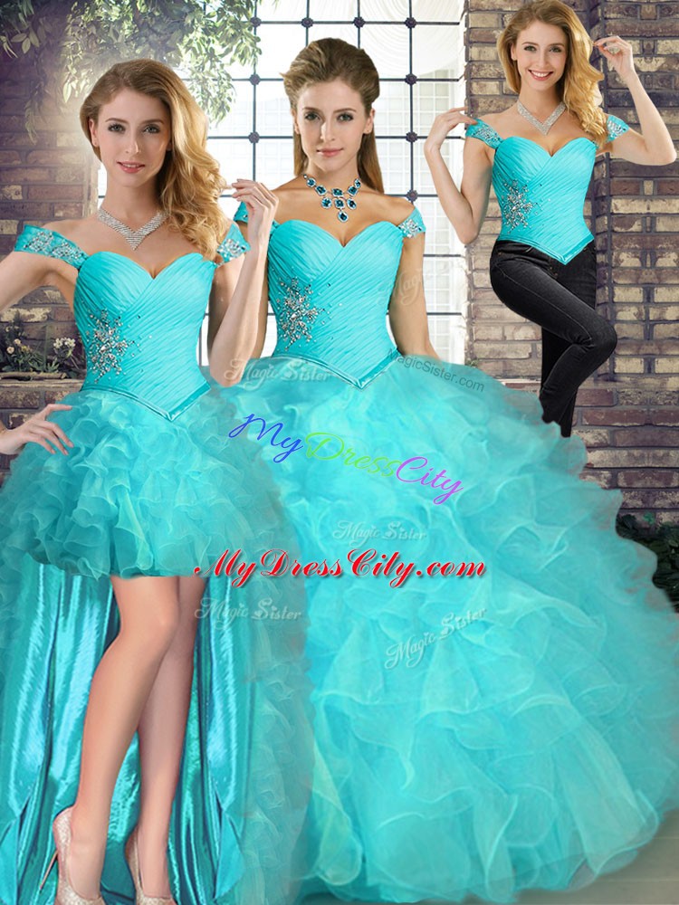 Trendy Aqua Blue Three Pieces Organza Off The Shoulder Sleeveless Beading and Ruffles Floor Length Lace Up Sweet 16 Dresses