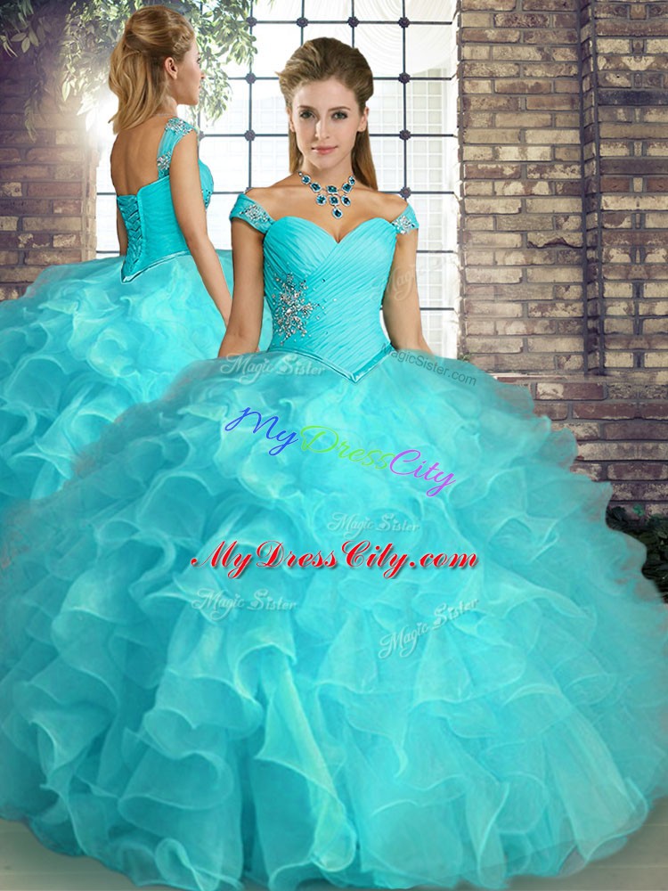 Trendy Aqua Blue Three Pieces Organza Off The Shoulder Sleeveless Beading and Ruffles Floor Length Lace Up Sweet 16 Dresses