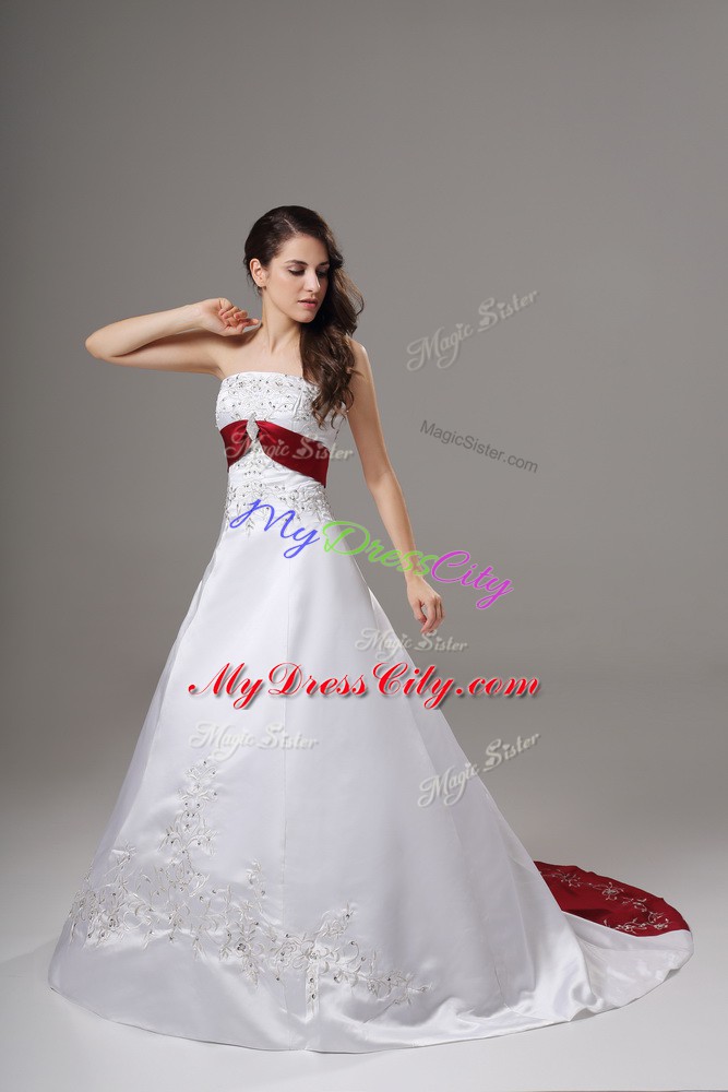 Shining White Lace Up Strapless Beading and Embroidery Wedding Gown Satin Sleeveless Brush Train