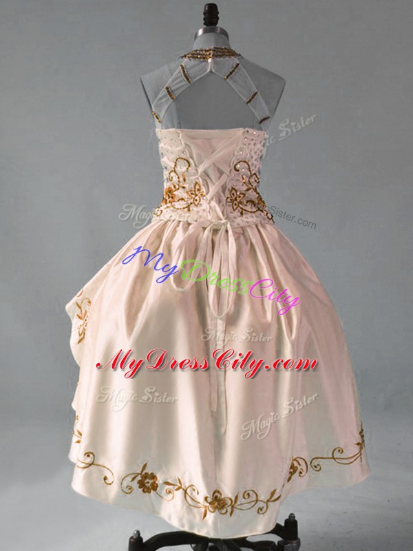 High Low Brown Prom Dress Satin and Organza Sleeveless Embroidery and Ruffles