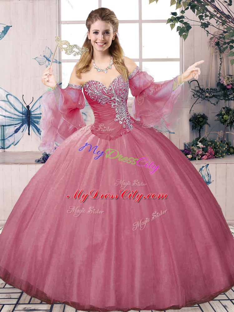 Beading and Ruching Quinceanera Gown Pink Lace Up Sleeveless Floor Length