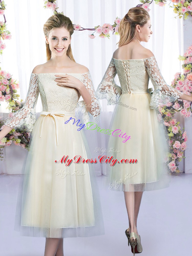 Tea Length Lace Up Vestidos de Damas Champagne for Wedding Party with Lace and Bowknot