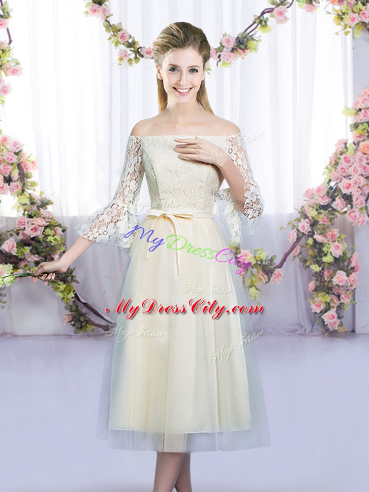 Tea Length Lace Up Vestidos de Damas Champagne for Wedding Party with Lace and Bowknot