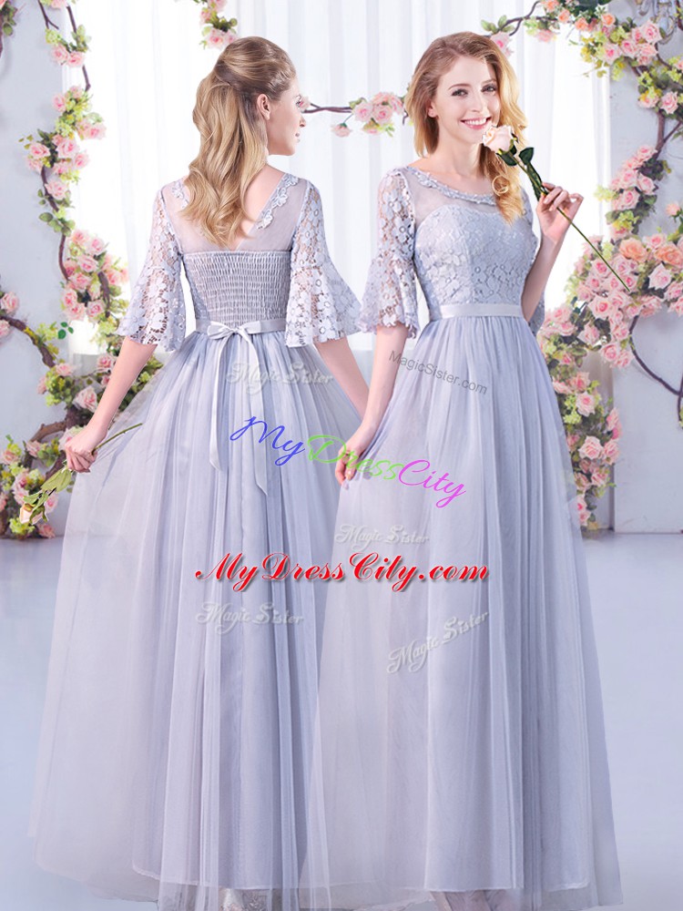 Half Sleeves Side Zipper Floor Length Lace and Belt Bridesmaids Dress